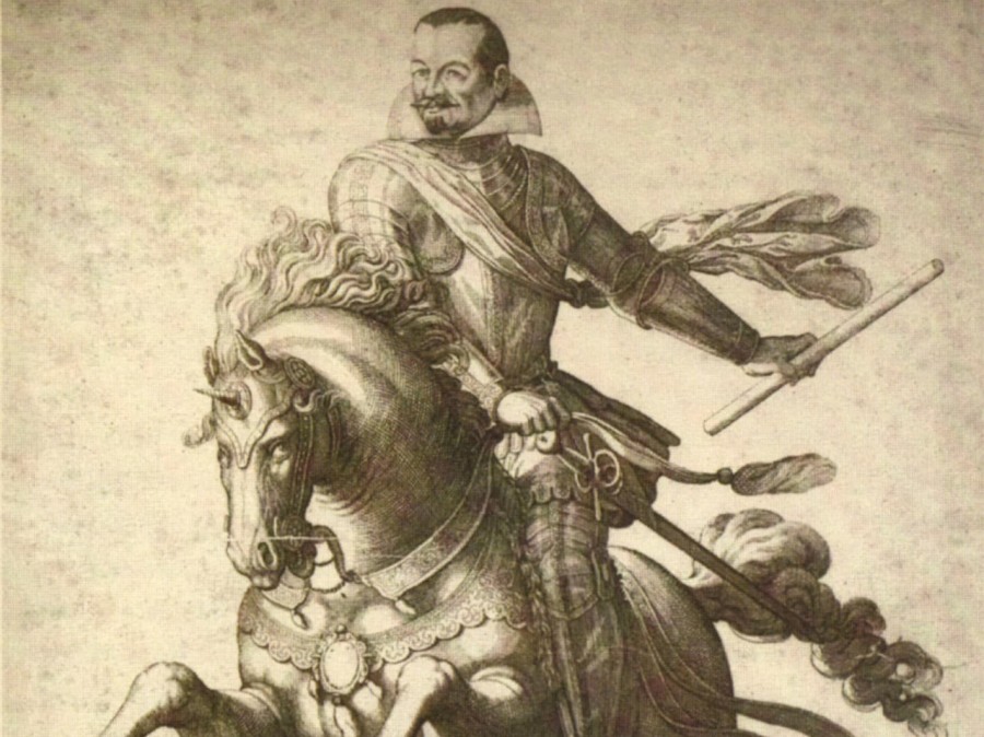 Wallenstein: Herzog von Friedland, kaiserlicher Kriegsrat und Kämmerer, Allerhöchster Obrist von Prag und ebensolcher General. Kupferstich 1625/28