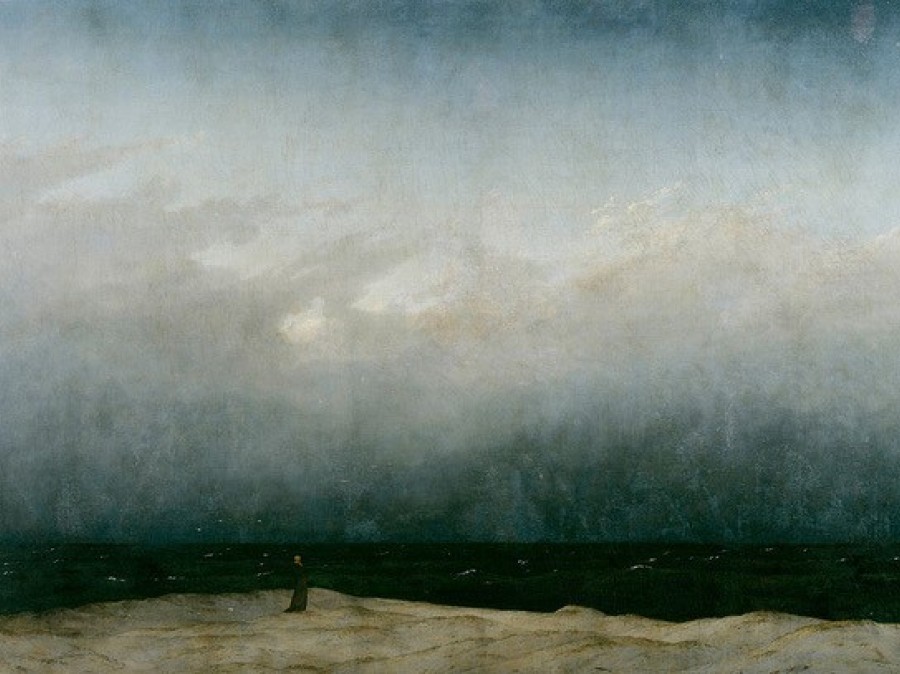 Painting of stormy ocean with solitary person standing on beach