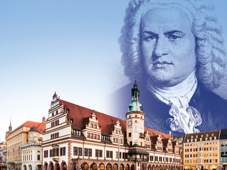 Town of Leipzig in foreground with portrait of Bach on background