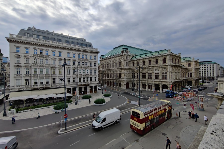 Balcony view of Vienna traffic and architecture