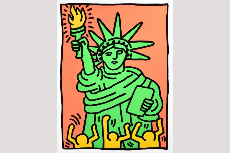 Illustrated artwork of Statue of Liberty with individuals shaking arms 