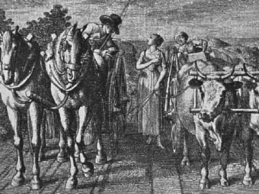 Hermann meets Dorothea in the refugee trek. Copper engraving by Daniel Chodowiecki