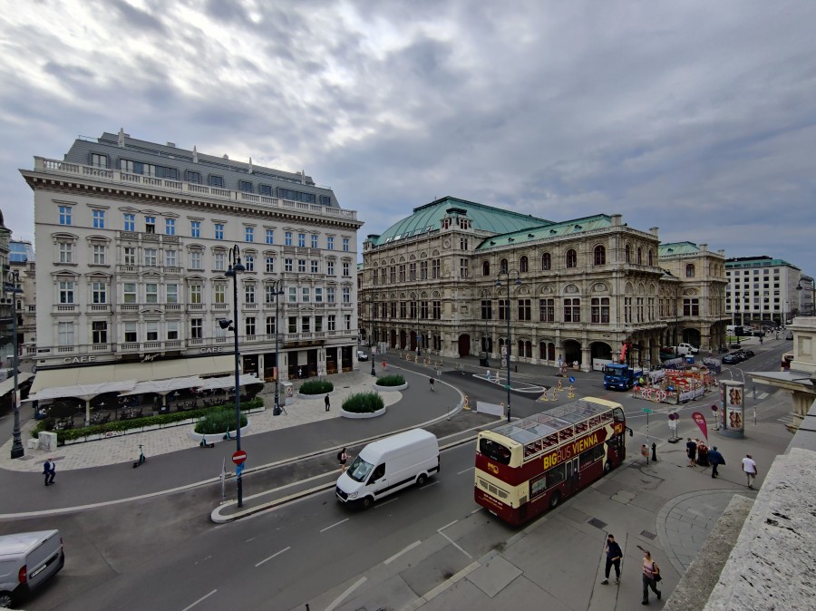 Balcony view of Vienna traffic and architecture