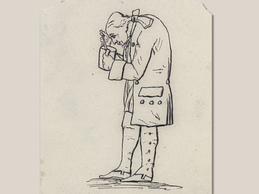 Sketch drawing of colonial-era man looking in mug
