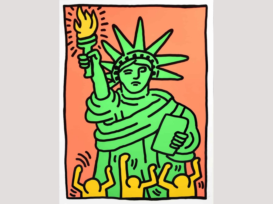 Illustrated artwork of Statue of Liberty with individuals shaking arms 