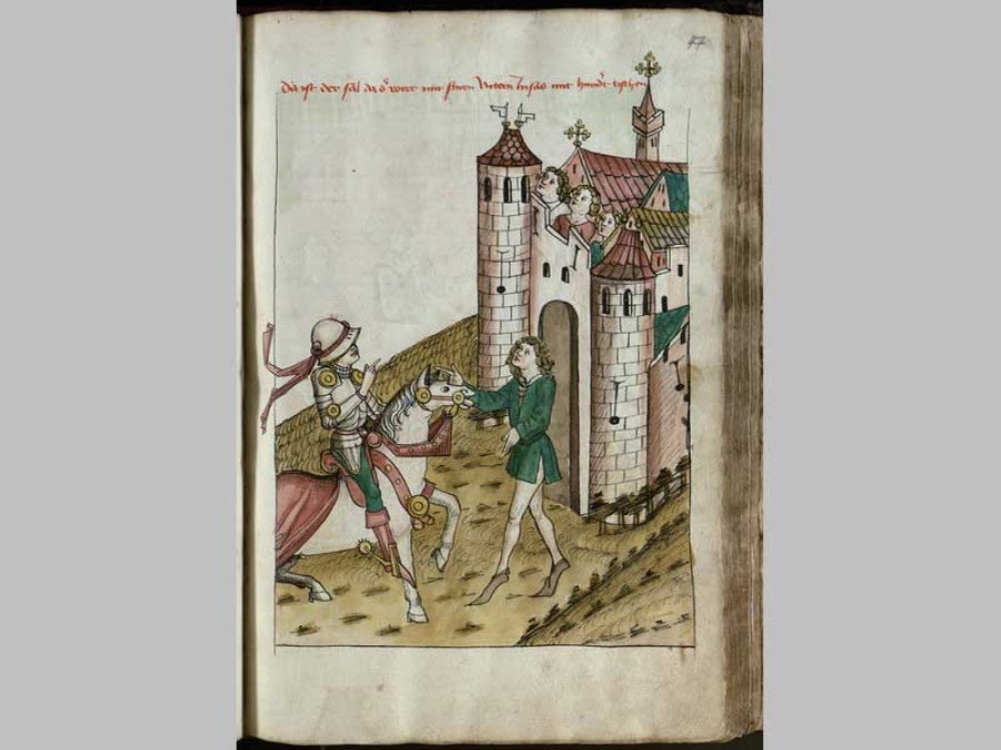 Book scan of Old artwork with knight on horse apporaching person outside a castle