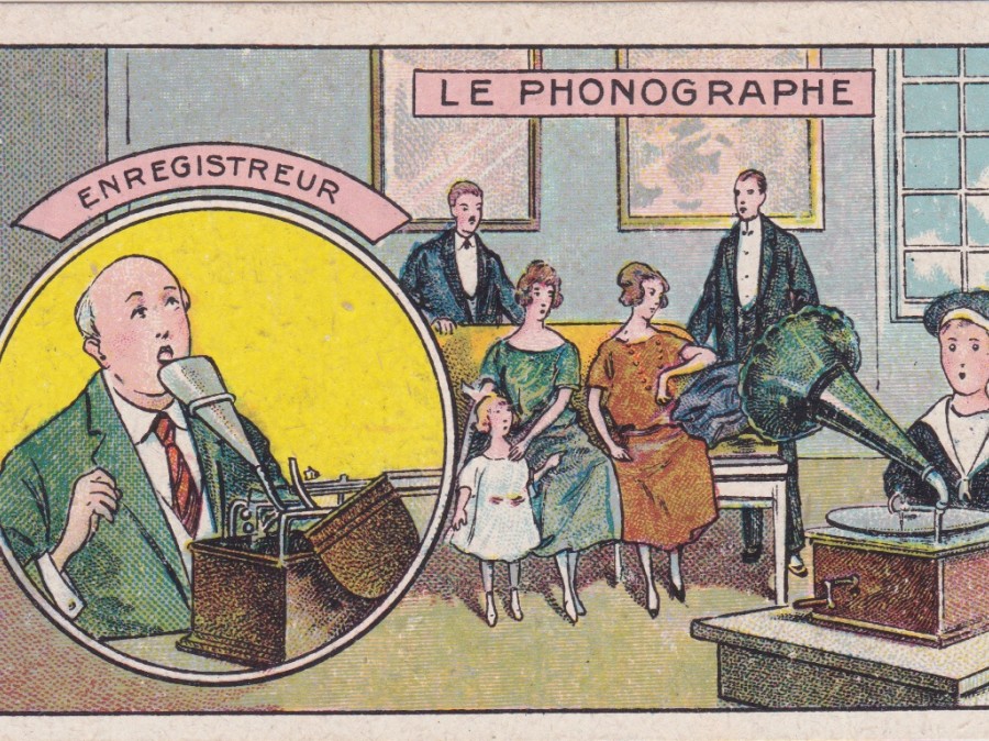 Color Illustration of people listening to a phonograph