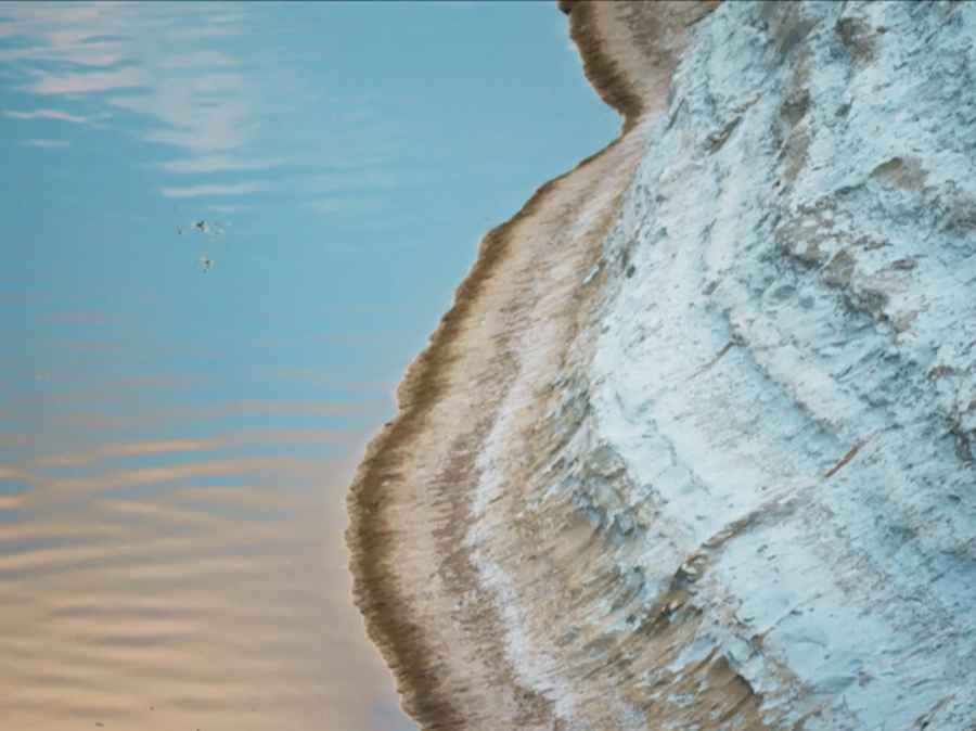 Limestone deposits along river's edge