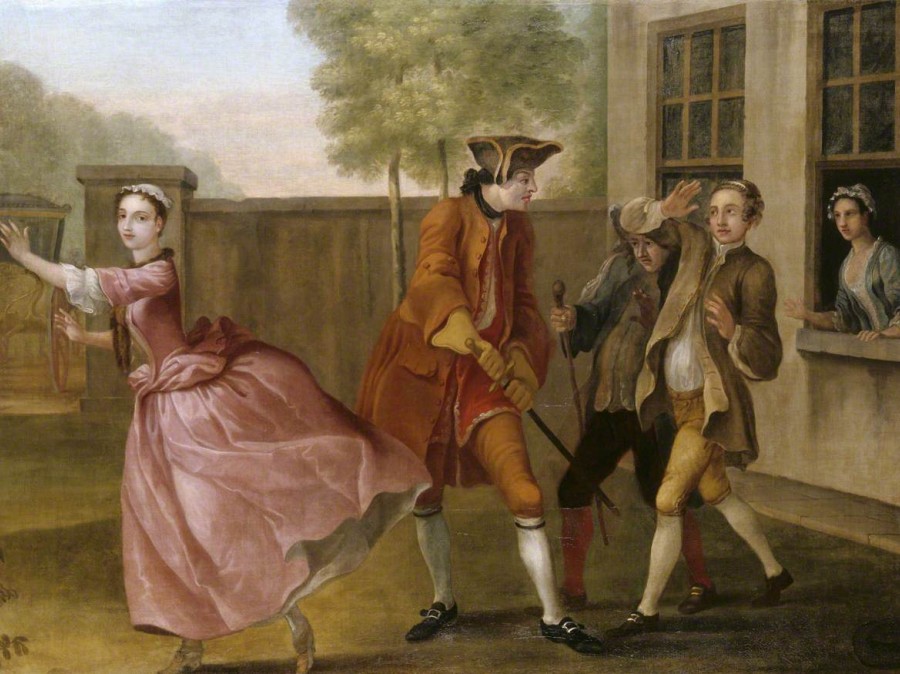 Illustrative painting of Lady Danvers pursued by her footmen