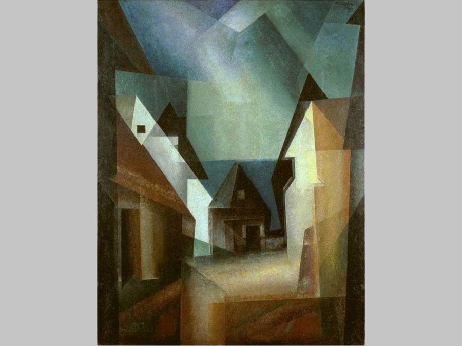 Artwork print of houses in cubism style