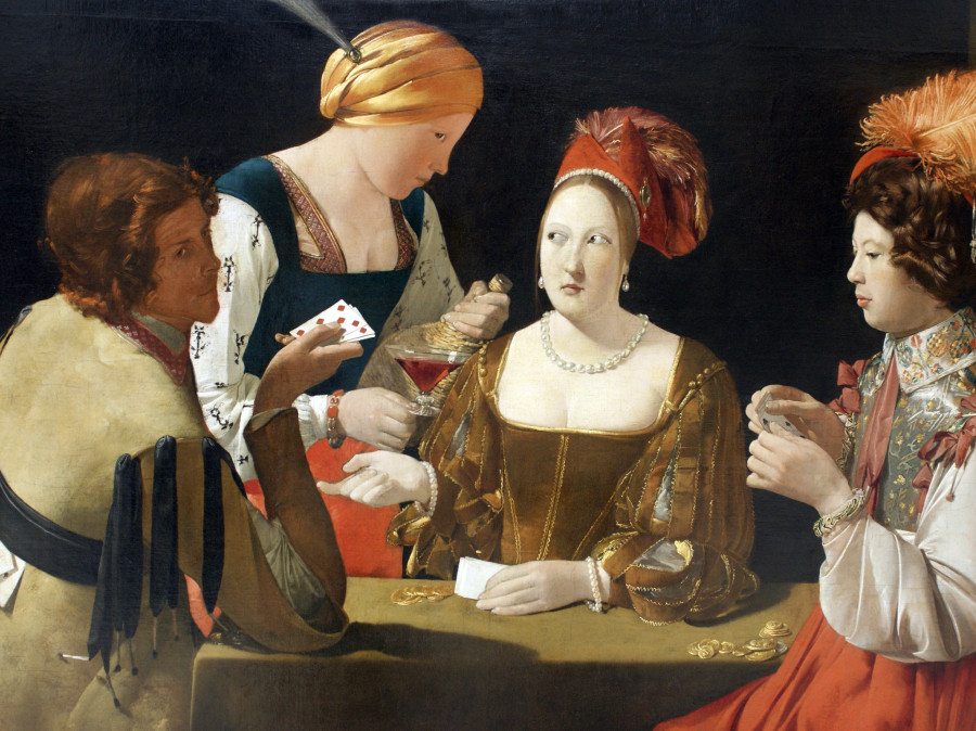 Painting of a group enjoying cards and drinks