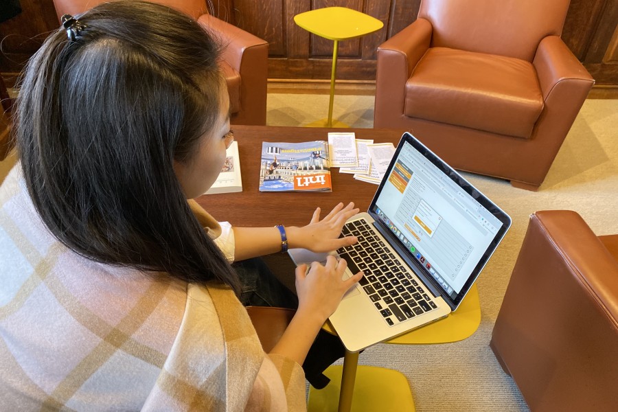 Student using computer in lounge setting.