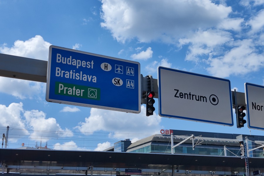 Overhead roadway signage for Vienna, Budapest, Bratislava