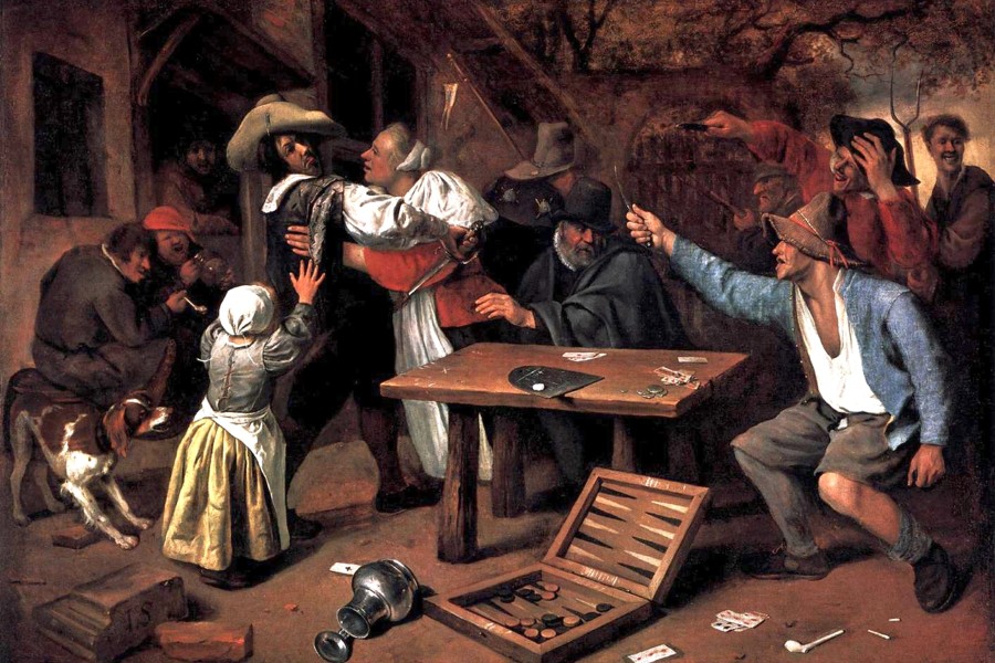 Oil painting of a tavern cardgame turned into an argument