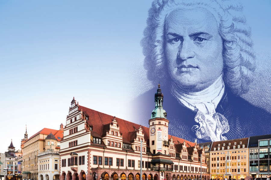 Town of Leipzig in foreground with portrait of Bach on background