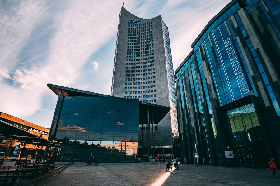 University of Leipzig courtyard surrounded by modern architecture