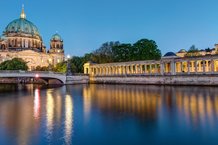 Cathedral with reflecting pool in Berlin, Germany.