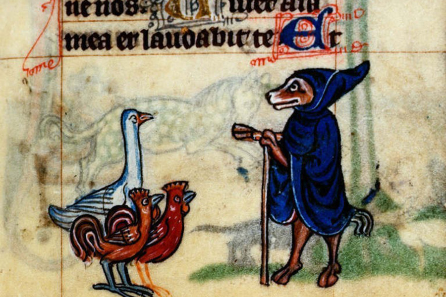 Old illustration of fox wearing clothes, talking to a goose and two chickens